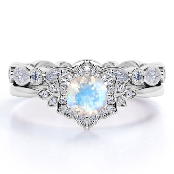 JeenMata Anillo Nupcial de 1,5 Quilates con Piedra Lunar Arcoíris Facetada Redonda y Moissanita con Cuerpo Dividido Engastado en Oro Blanco de 18 K sobre Plata