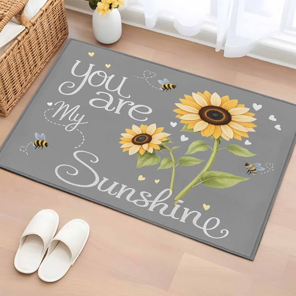 2x3 Ft Entryway Area Rug, You Are My Sunshine Kitchen Rug Runner Washable Floor Mat, Yellow Sunflowers Cute Bees Heart Grey Non Slip Indoor Door Mat Throw Carpet for Bathroom Living Room Bedroom
