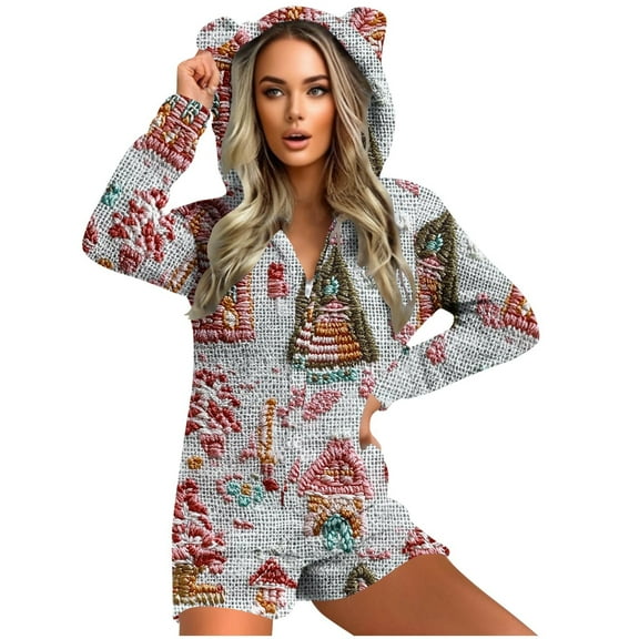 Cavosen Christmas Womens One Piece Jumpsuit Fleece Zip Up Long Sleeve Cute Hooded Loungewear with Ears Graphic Thicken Onesie Warm Unisex Winter Sleepwear