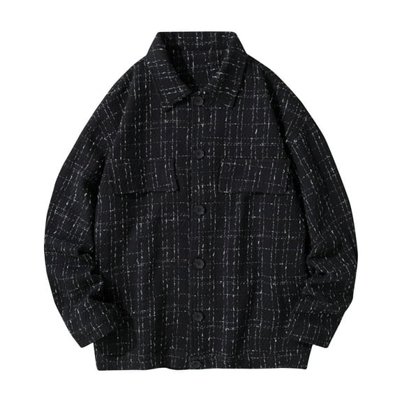 IYTR Men's Plaid Button Up Shirt Long Sleeve Loose Oversized Tweed Jacket Black White Check Outwear Winter Coat Warm Thick Black XXXL