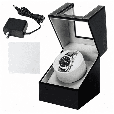 DESIGNICE Single Automatic Watch Winder Box Black Leather Watch Winder | Battery Powered Watch Winding and Display Case for Men’S and Women’S Automatic Watches