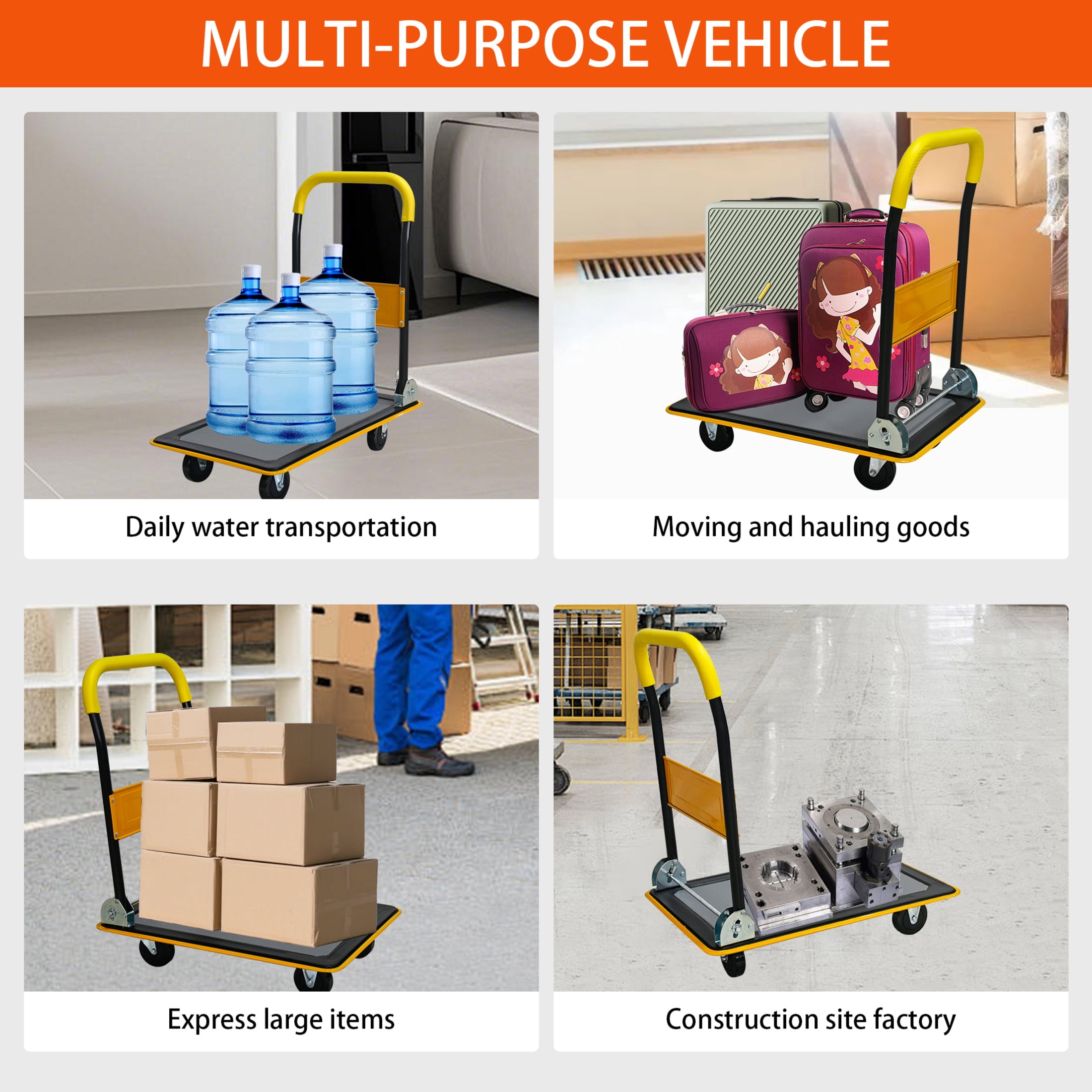 Noble House 28" Flatbed Cart, Heavy Duty Platform Hand Truck with Foldable Push Handle for Loading and Storage, Yellow