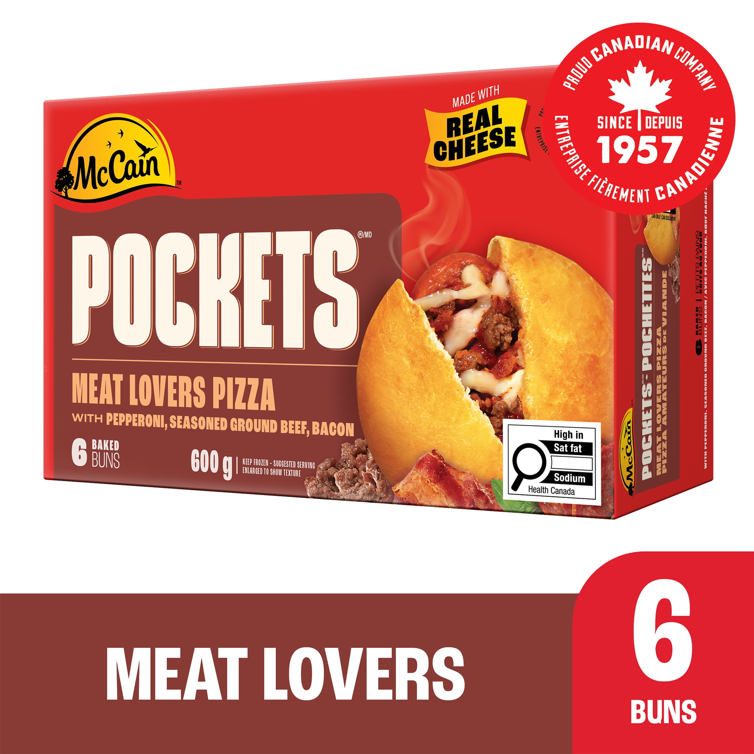 McCain® Pizza Pockets® Meat Lovers Pizza Pockets, 6 pack, Made in Canada from domestic and imported ingredients, 6 x 100g