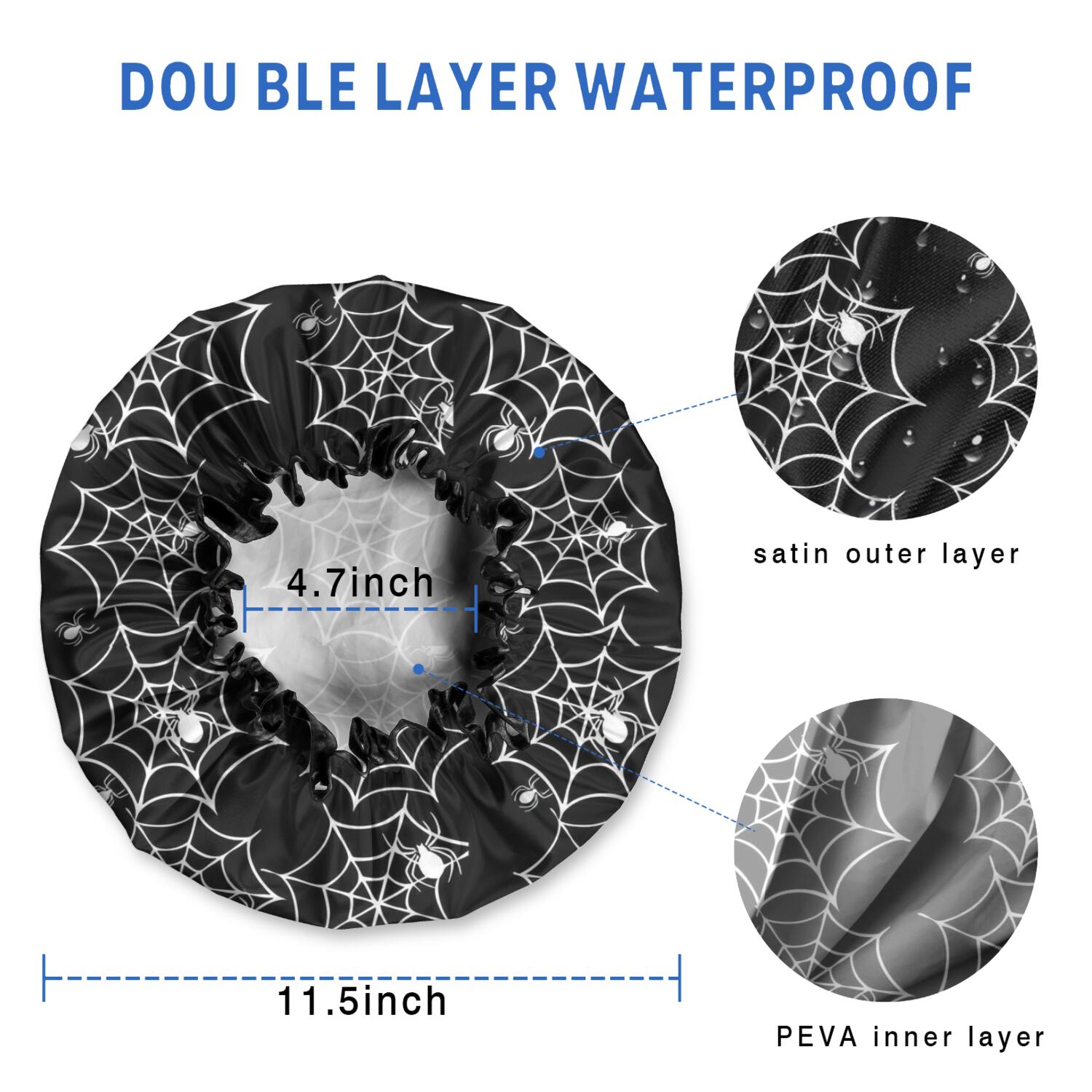 Shower Caps,Halloween Black and White Spider Webs and Spiders Waterproof Shower Cap for Women 4 Pieces,Double Reusable Hair Cover for Shower PEVA Elastic Stretch Hem