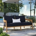 thumbnail image 2 of Lounge Loveseat Sofa, Blue Navy Natural, Teak Wood, Fabric, Modern Contemporary, Outdoor Patio Balcony Cafe Bistro Garden Furniture Hotel Hospitality, 2 of 8