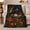 Black, Burnt Orange, Gold and Bone Beige, variant on Printed Flannel Throw Blanket with Raven, Pumpkins, Skull and Golden Moon