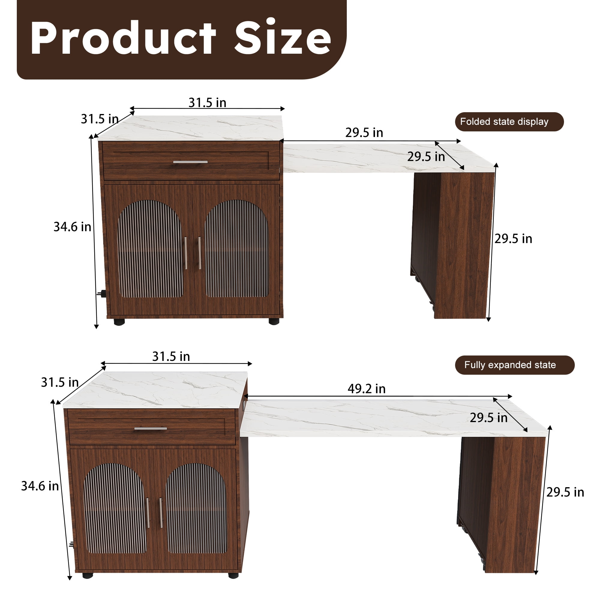 Wohh 80 Inch Extendable Kitchen Island with Marble-patterned Top & Dining Table, Expandable Rolling Cart with Power Outlet, Mobile Storage Cabinet for Small Spaces