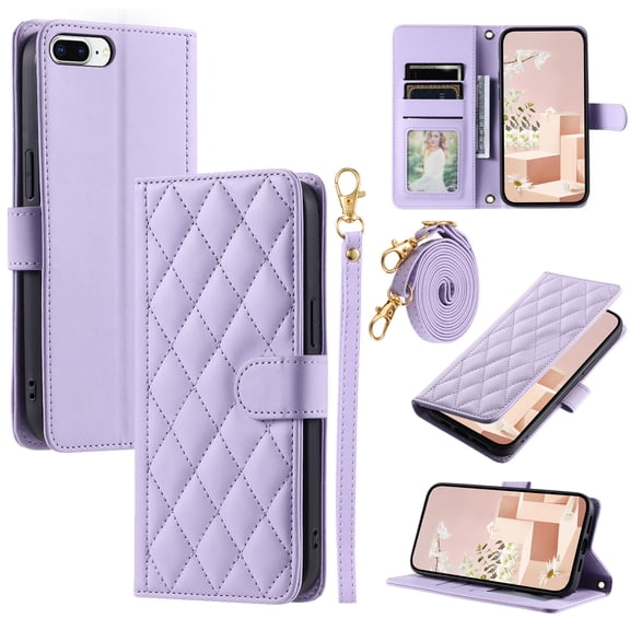 for iPhone 7 Plus/8 Plus Wallet Case, Elegant PU Leather Shoulder Strap & Wrist Strap Kickstand Card Slots Magnetic Closure Full Body Protection Phone Case for iPhone 7 Plus/8 Plus, Purple