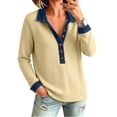 thumbnail image 4 of Tops for Women Cotton Waffle Knit Long Sleeve Top Button Patchwork Pullover Casual Loose Tunic, 4 of 5