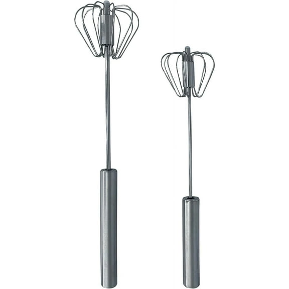 Stainless Steel Push Whisk - Easy to Use Manual Hand Mixer & Plunger Whisk - Make Froth, Foam & Whipped Cream - Semi Auto Egg Beater Plastic Tip Won’t Scratch Pans (2 Pack 10in & 12in)