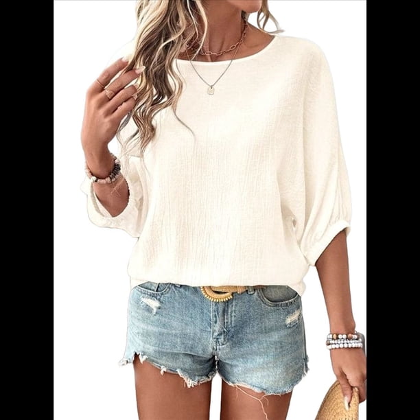 Camisetas de 3/4 para Mujer, Blusas Básicas de Cuello Redondo para Negocios. Albaricoque M