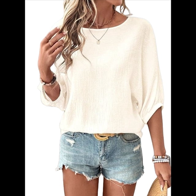 Camisetas de 3/4 para Mujer, Blusas Básicas de Cuello Redondo para Negocios. Albaricoque S