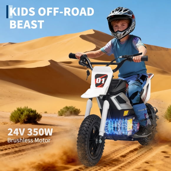 EDTara 24v Kids Electric Dirt Bike, 350w Motorcycle for Kids With 10 Mph Max Speed, 12-Mile Range, Rear Suspension, Twist Grip Throttle, and Non-Slip Rubber Tires