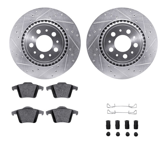 Dynamic Friction Company Rear Brake Rotors-Drilled and Slotted-Silver with 5000 Advanced Brake Pads includes Hardware 7512-27053