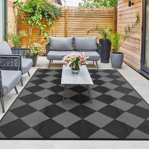 8x10 Black Grey Trellis Pattern Reversible Waterproof Patio Rug