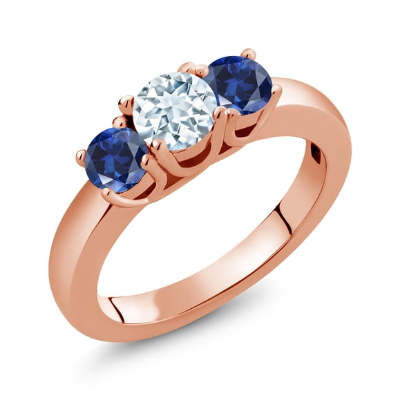 Gem Stone King 1.00 Ct Sky Blue Aquamarine Blue Created Sapphire 18K Rose Gold Plated Silver Classic 3-Stone Ring for Women (Size 6)