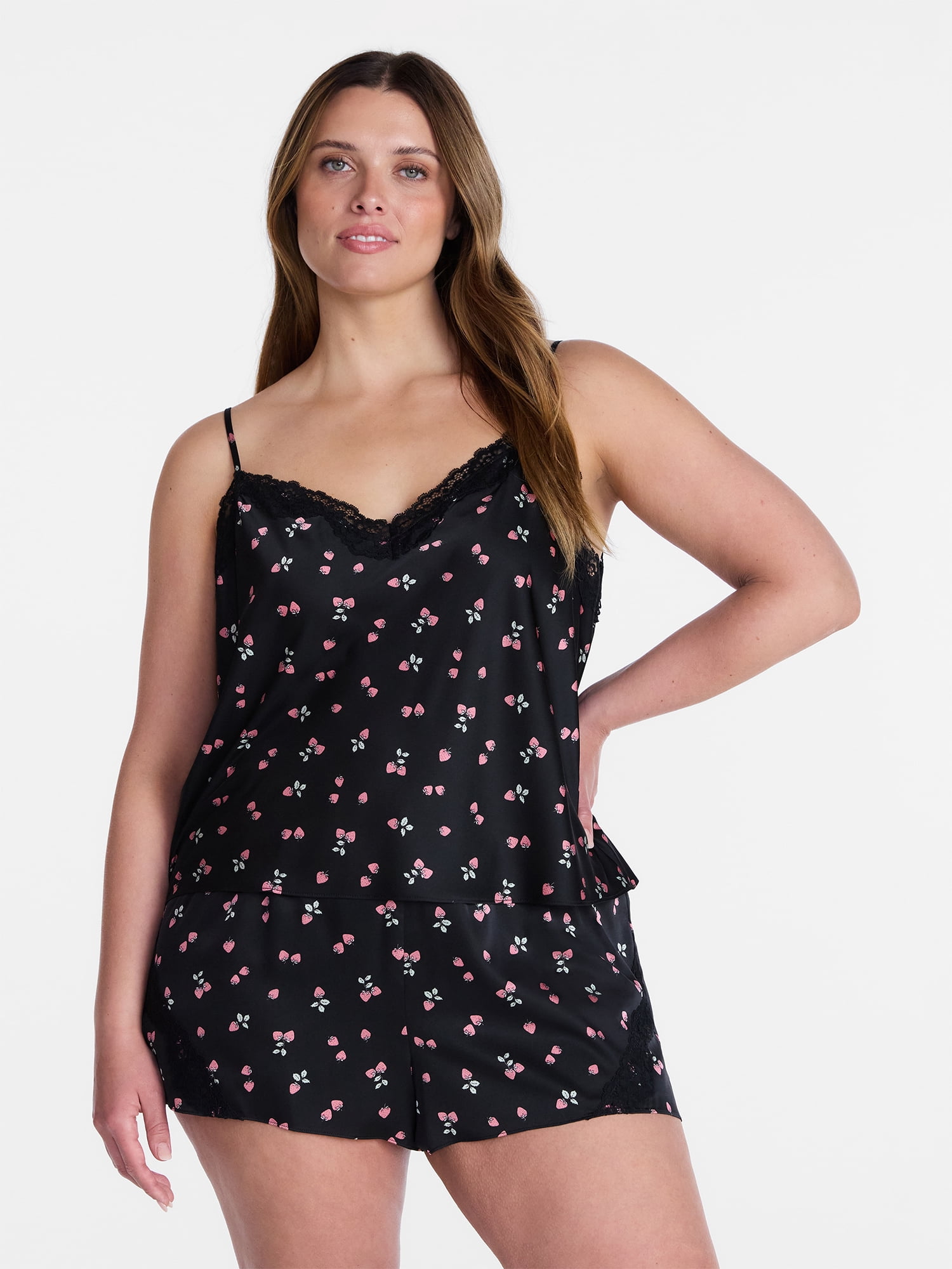 Joyspun Women's Lace Trim Stretch Satin Cami and Shorts Set, 2-Piece, Sizes XS-3X