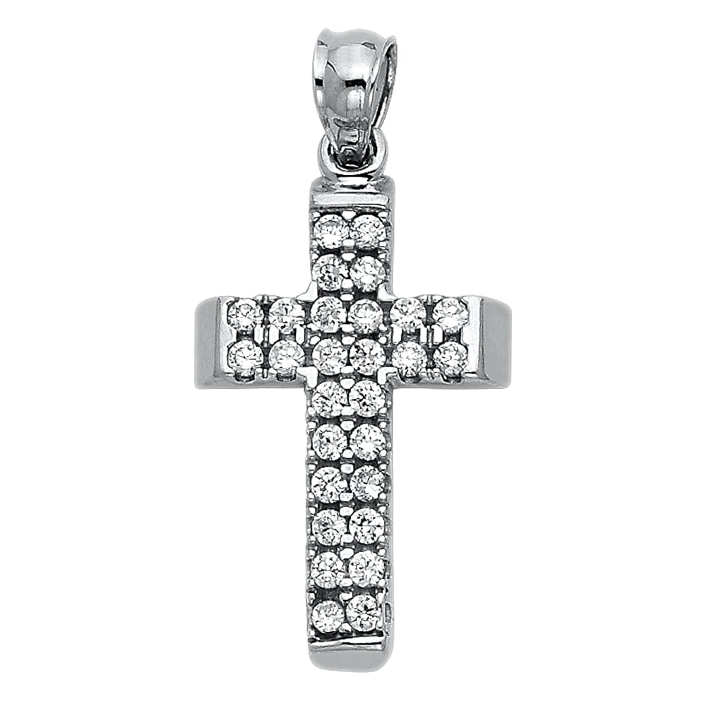 14K White Gold Cubic Zirconia CZ Cross Charm Pendant with 1.5mm Flat Open Wheat Chain Necklace 