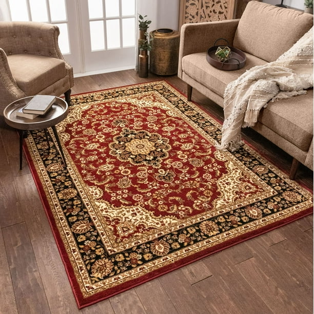 Noble Medallion Red Green Ivory Light Blue Black Persian Floral Oriental Formal Traditional Area Rug Shed Free Modern Contemporary Transitional Soft Living Dining Room Rug Walmart Com Walmart Com