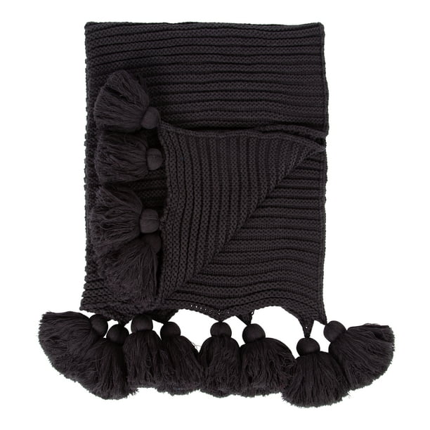 Kate and Laurel Tassey Large Chunky Ribbed Knit Throw Blanket with Oversized Corner Tassels, 80 x 50-inches, Black