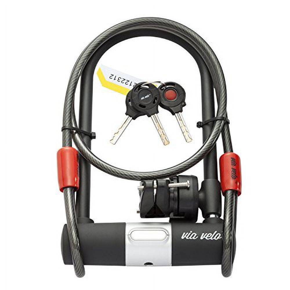 Bike U Lock With Strong Cable ? VIA VELO Heavy Duty Bicycle U Lock shackle 15mm with 3 Keys and Weatherproof Shock Lock Set, Bike Tire Lock For Road Bike Mountain Bike Electric Bike Folding Bike