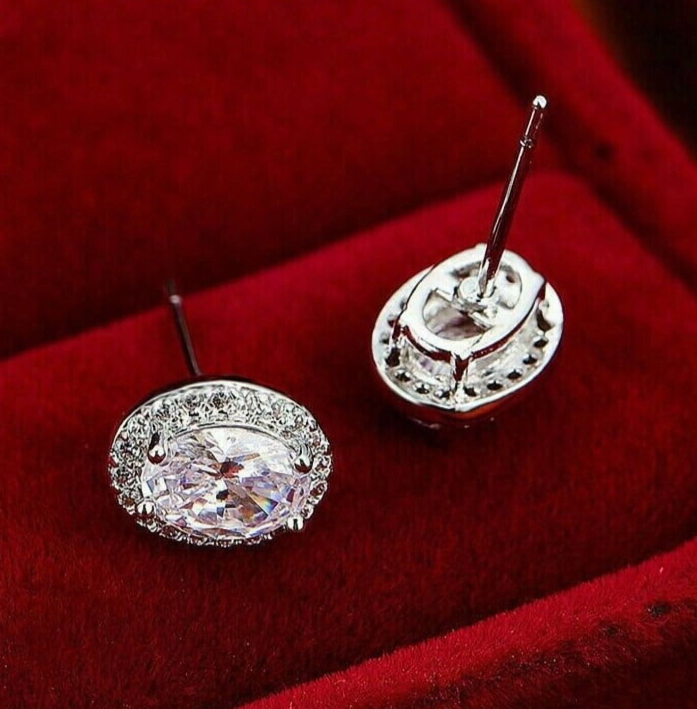 Silver & Stone Jewels Beautiful New Silver 14k White Gold Plated Clear Oval CZ w/ Halo Stud Earrings
