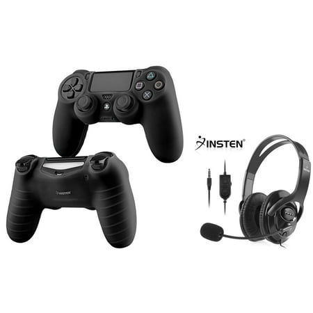 Mic Controller (Insten PS4 Headphone Gaming Headset with Mic Microphone + PS4 Playstation 4 Controller Skin Wrap Sillicone Black for Playstation)