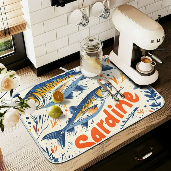 Yayeee Dish Drying Mat for Kitchen Counter 16" x 18" Microfiber Super Absorbent Coffee Decorative Pad, Blue Sardines Pattern