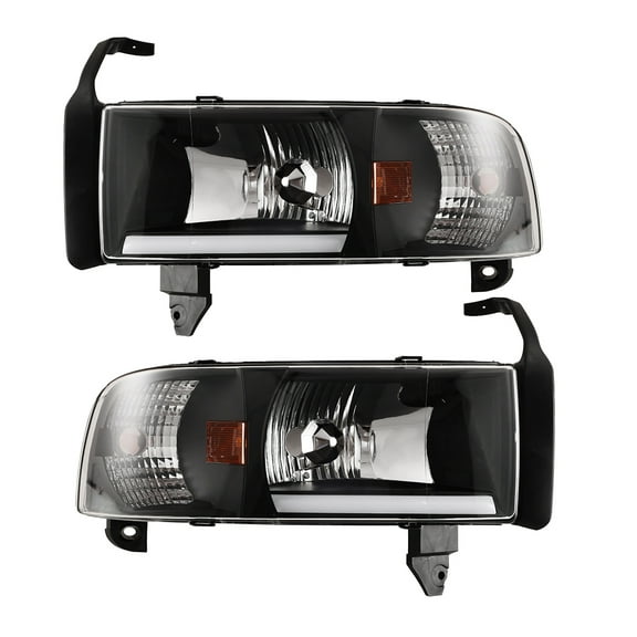Headlights for 94-02 Dodge Ram 1500 2500 3500 LED DRL Bar Front Lamps Black Set