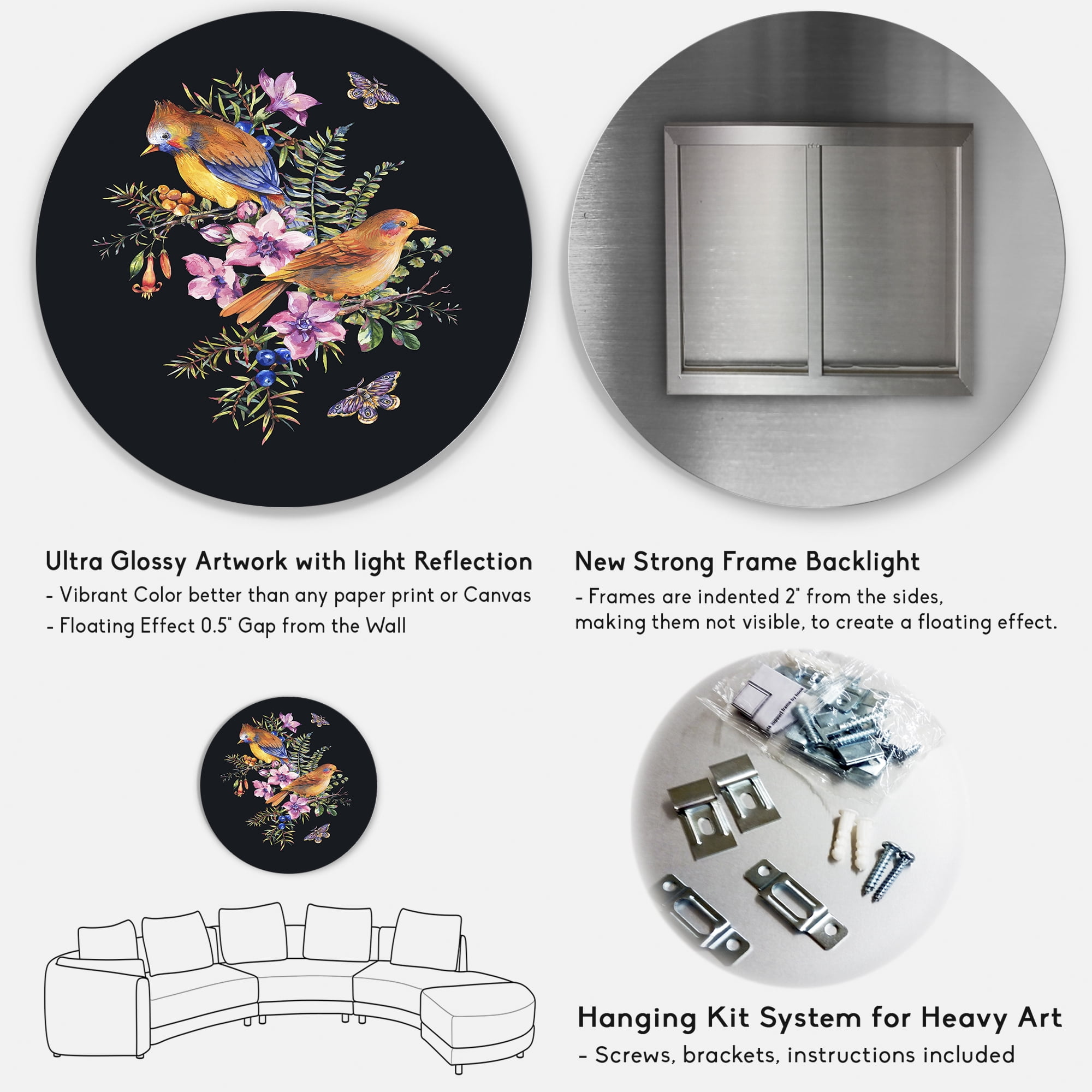 Designart 'Little Bird Sitting On Colourful Bouquet Of Wildflowers II' Traditional Circle Metal Wall Art 29x29 - Disc of 29