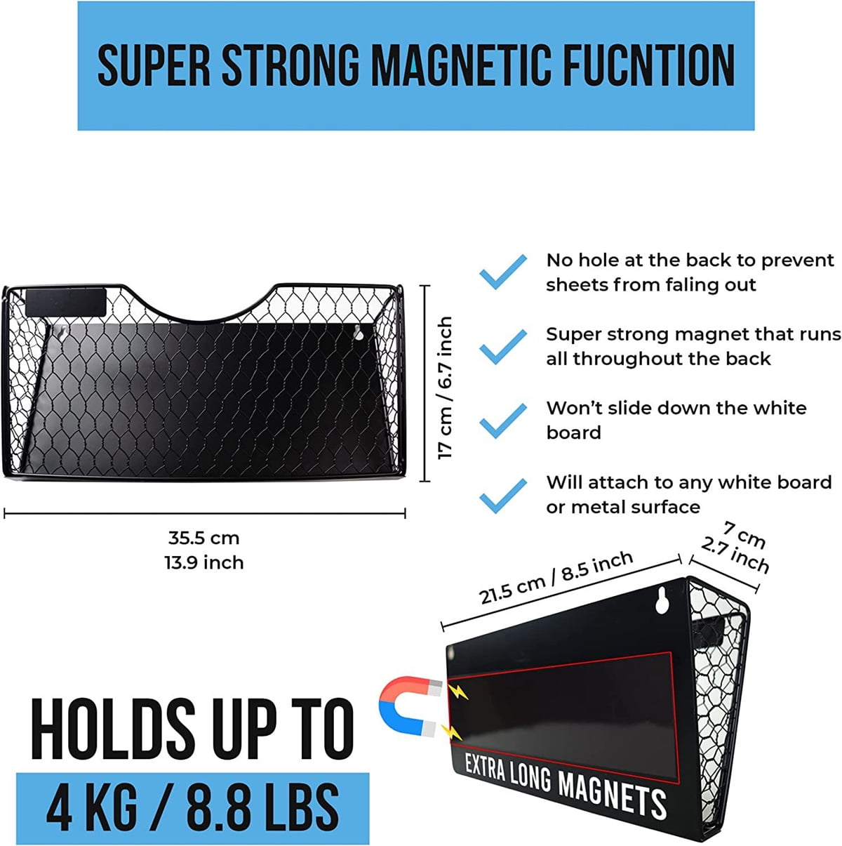 Magnetic Mesh File Holder,Bexikou Hanging File Organizers，No Drilling Installation File Organizer，Paper Organizer Holders Wall Bins f for Refrigerator, File Cabinets, Whiteboard, Office, Kitchen