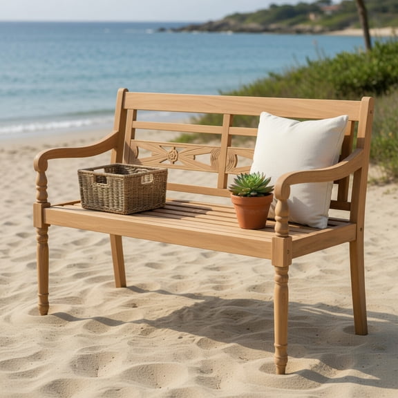 GVN Patio Bench Weatherproof Outdoor Bench,2-Person Teak Wood Patio Bench with Wide Backrest and Curved Armrests
