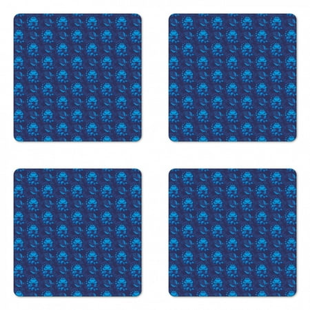 

Floral Coaster Set of 4 Boho Flower Bouquets Field Russian Folk Ethnic Blossoms Art Pattern Square Hardboard Gloss Coasters Standard Size Dark Indigo and Azure Blue by Ambesonne