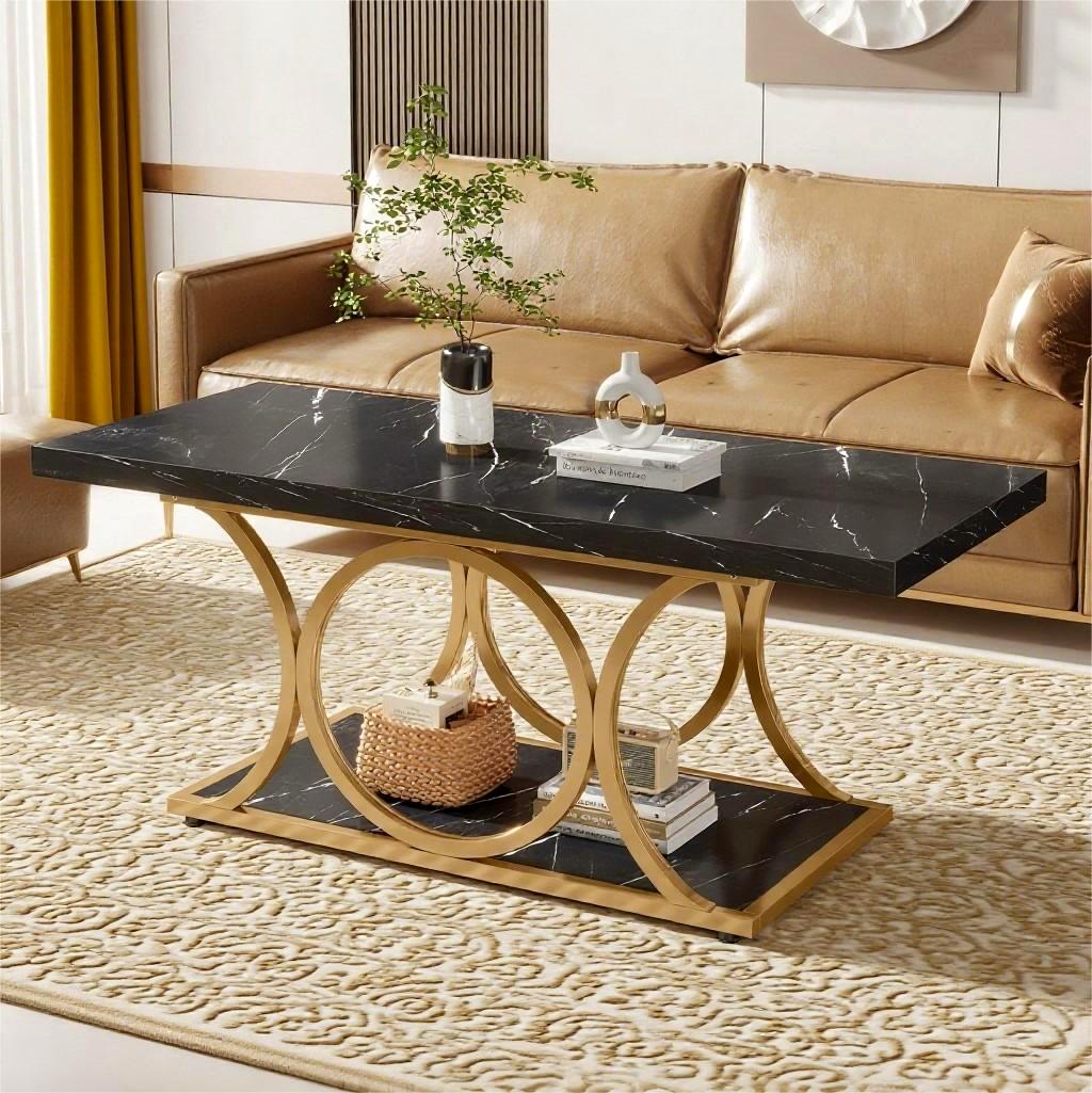 Fnova 47.24" Rectangular Coffee Table, Modern 2-Tier Imitation Marble Wood Coffee Tables with Storage Shelf for Living Room, Geometric Metal Legs, Easy Assembly