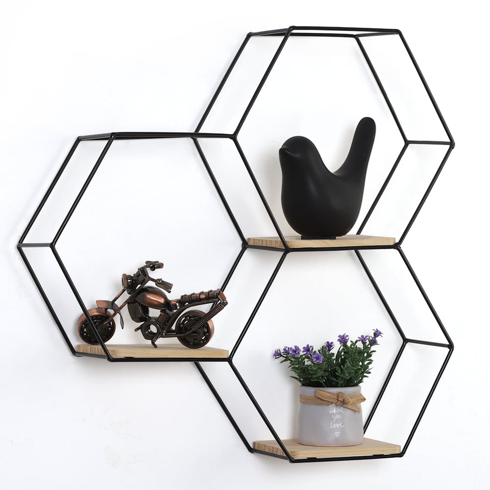 Black Hexagon Unit With Mirror & 3 Wooden Shelves Storage Display Shelf 
