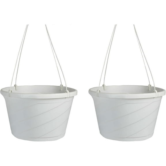 Decorative 12-Inch Large Plastic Hanging Basket w/Swirl Design for Outdoor Plants, White (Pack of 2)