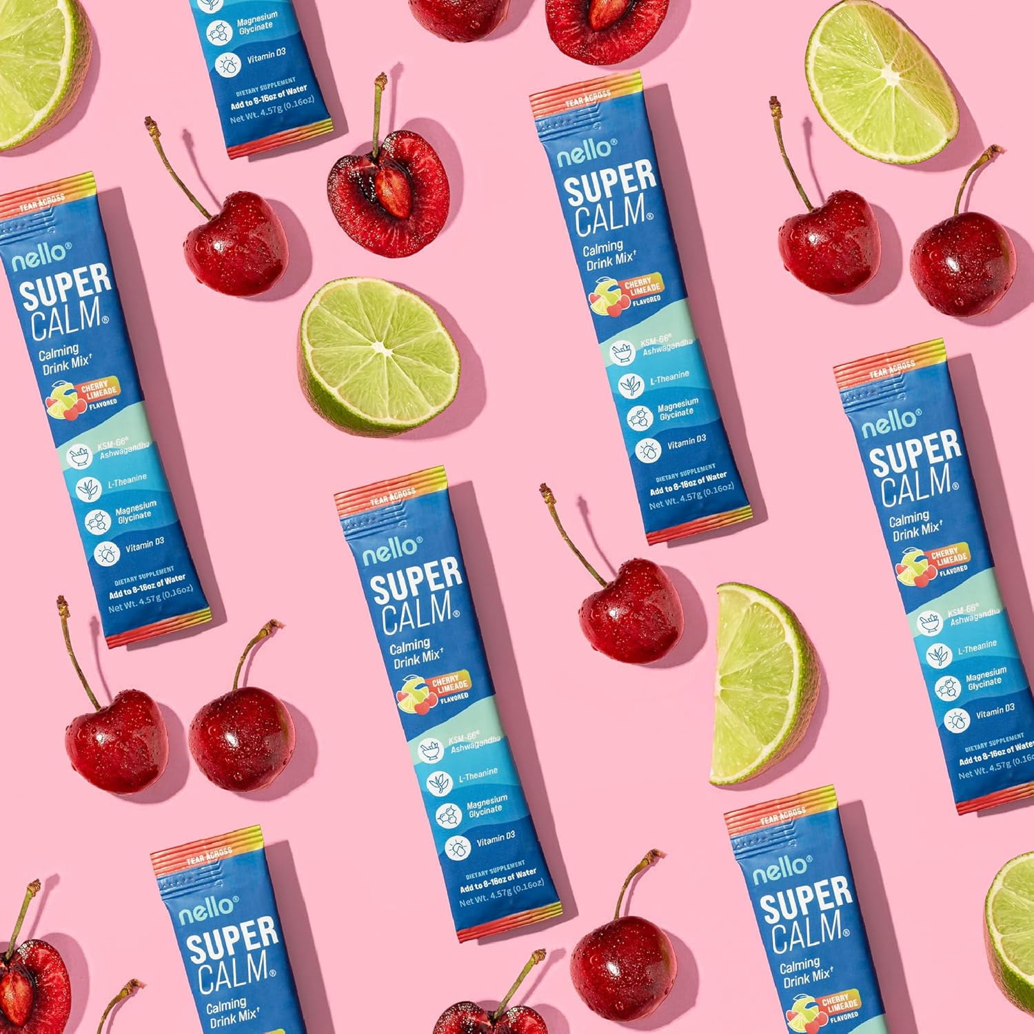 Nello Supercalm Drink Mix - Ashwagandha KSM 66, Magnesium Glycinate & L-Theanine Supplement - Ashwagandha Root Extract - Focus and Relaxation Support (20 Travel Packets) - Cherry Limeade