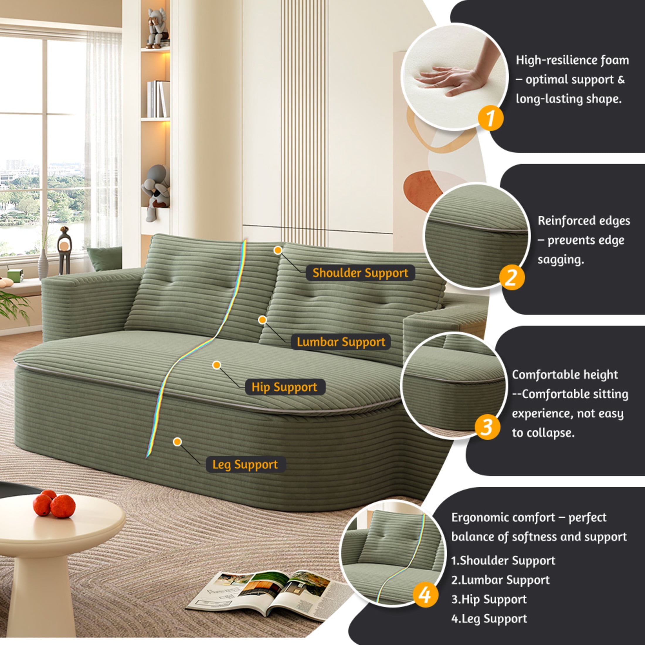 Noble House 79" Corduroy Convertible Floor Sofa Bed with Built-in Functional Blanket, Soft Pillows Sofa Couch, Coffee