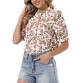 thumbnail image 4 of INSPIRE CHIC Mock Neck Dressy Blouses for Women Casual Summer Floral Button Down Shirt Puff Short Sleeve Casual Work Chiffon Top M White, 4 of 6