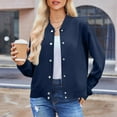 thumbnail image 2 of ZQGJB Women Bomber Jacket Lightweight Casual Button Down Long Sleeve Mock Neck Varsity Jackets Shackets with Pockets Fashion Outwear Coat Dark Blue XL, 2 of 8