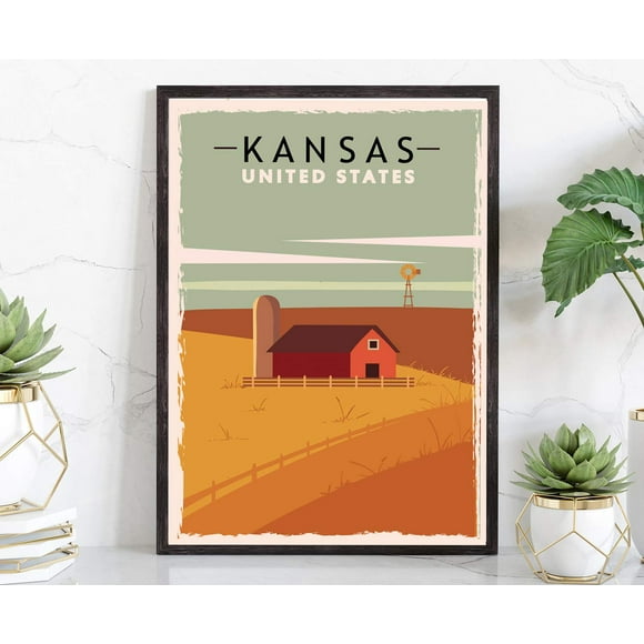 Pera Print Retro Style Travel Poster, Kansas, Vintage Rustic Poster Print, Home Office Wall Decoration, Kansas State Map Poster - 16 * 20 Inches