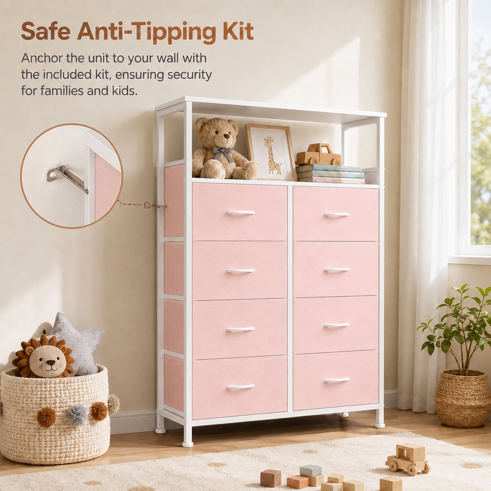 Alvantor 8-Drawer Fabric Dresser with Open Shelf, Chest of Drawers, Steel, MDF, Storage Organizer Unit, Closet, Entryway