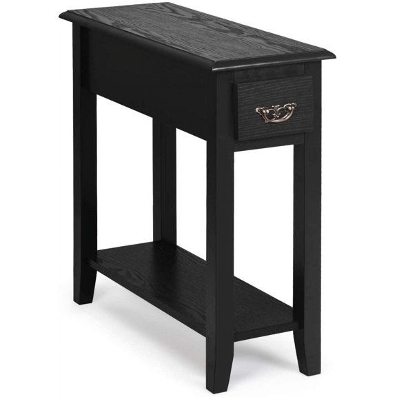Narrow End Table, Slim Side Table with Drawer and Open Shelf, Small End Tables for Small Spaces, Narrow Nightstand Bedside Table for Living Room Bedroom, 9.8 x 23.6 x 23.6 inches (1, Black)