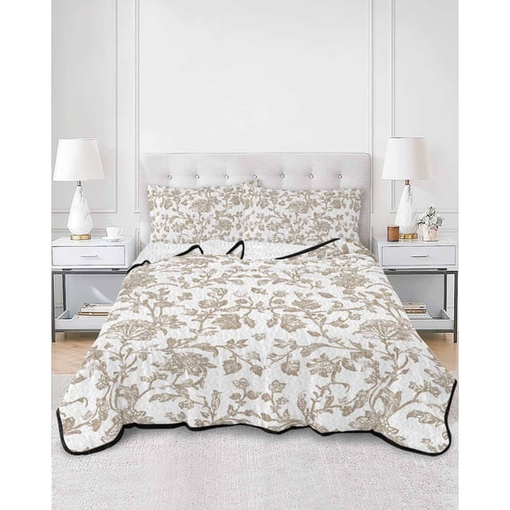 Quilts Full Size, Khaki Flower Soft Comforter Bedding Set for Bed, Vintage Farmhouse Boho Leaf Spring Plant Lightweight Quilted Bedspread with Pillow Cover(2 Pieces) for All Season, 78x90 Inch
