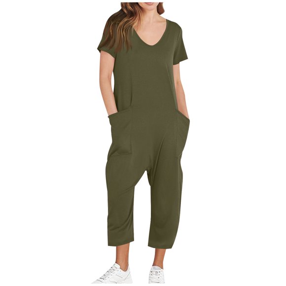 Tumotour Jumpsuits for Women Summer Short Sleeve Wide Shoulder Straps Rompers Comfortable Workout Wide Leg Long Pants Casual Solid Color Loose Overalls with Pockets for Trendy Beach Vacation Outfits