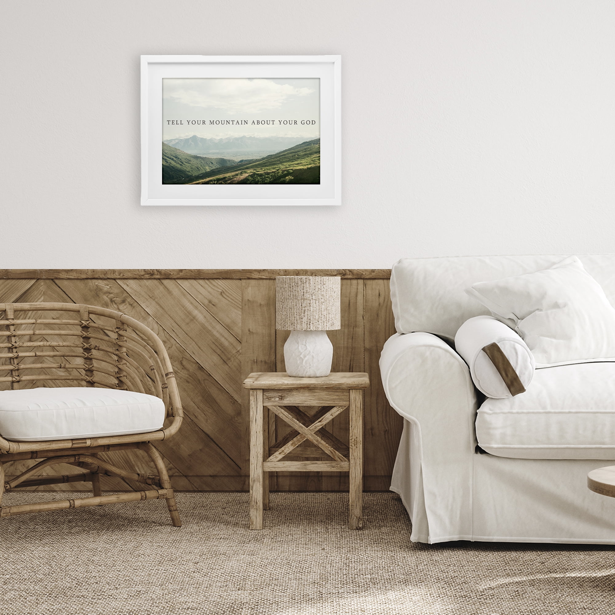 Stupell Industries Tell Your Mountain About God White Framed Print Under Glass, design by Kali Wilson