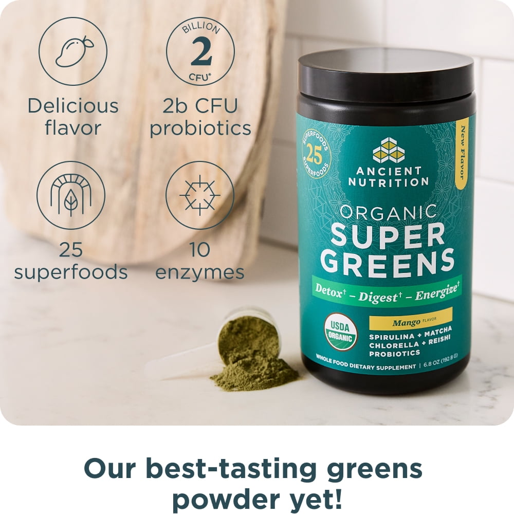 Ancient Nutrition SuperGreens Powder with Probiotics, Organic Mango Flavor Greens, Made from Real Fruits, Vegetables and Herbs, Digestive and Energy Support, 25 Servings, 6.8oz