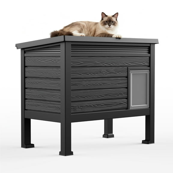 Resin Insulated Outdoor Cat House, Feral Cat Enclosure Weatherproof with Raised Floor & Windscreen, Cat Shelter for Winter, Black
