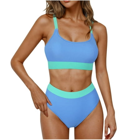 ZQGJB Womens High Waisted Bikini Sets Sporty Crop Top Color Block Swimwear Bandeau Scoop Neck Vintage Two Piece Bathing Suits(Sky Blue L)