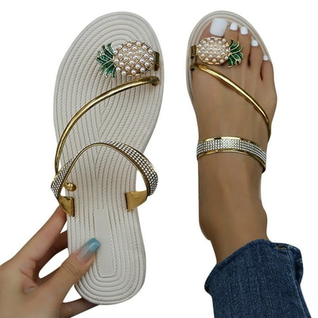

ZIZOCWA Bohemian Women S Slippers Pineapple Clip Toe Rhinestone Flat Pearl Slippers Sandals Outdoor Summer Beach Shoes Flip Flops Yellow Size8